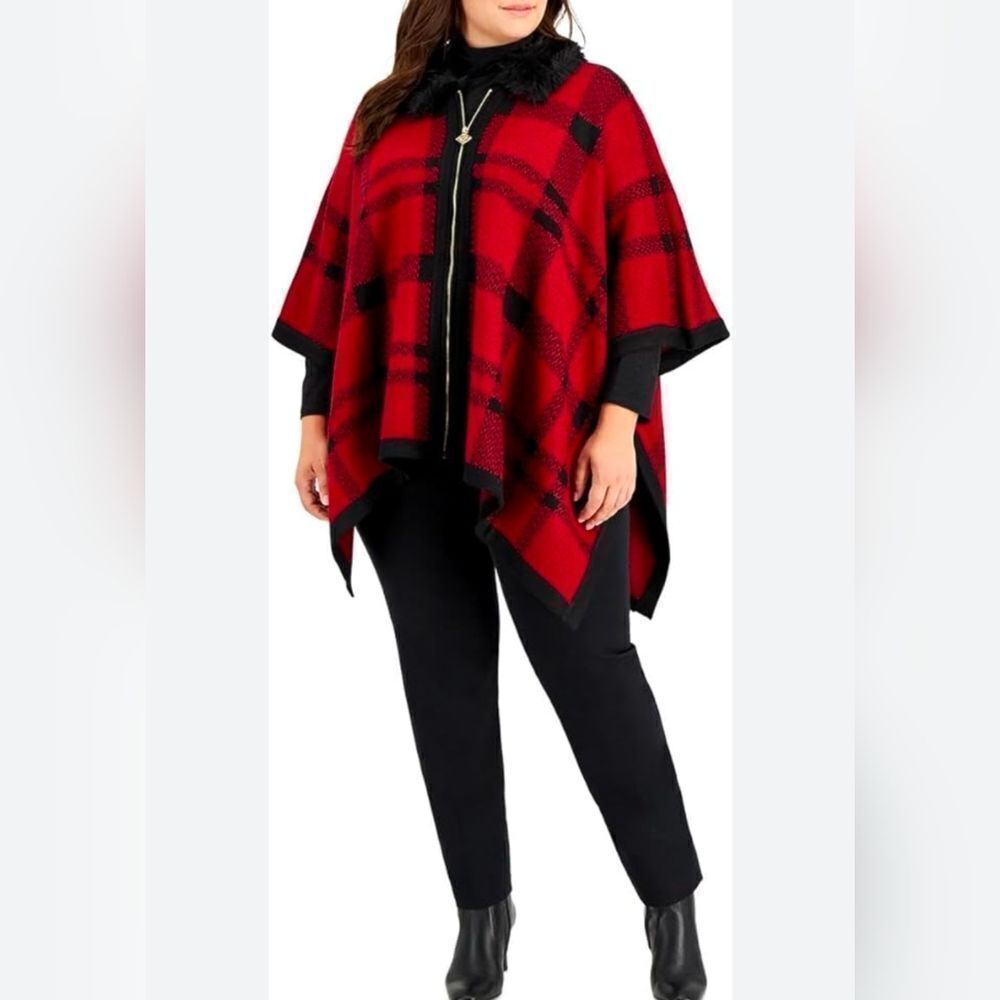 Anne French‎ Womens Plus Trimmed Zip Fall Poncho Sweater